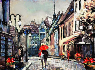 oil painting on canvas european city. Hungary. street view of Budapest. Artwork. people under a red umbrella. Tree..