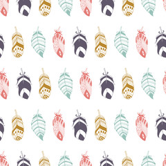 Cute seamless pattern with hand drawn set of different feathers. Vector illustration