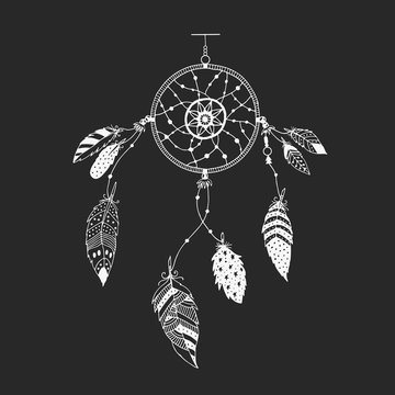 Cute hand drawn dreamcatcher with feather. Vector handdrawn doodle illustration