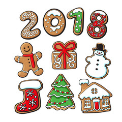 Set of homemade gingerbread cookies - Christmas elements and 2018 numbers, sketch vector illustration isolated on white background. Christmas gingerbread cookies - Xmas elements and 2 0 1 8 numbers