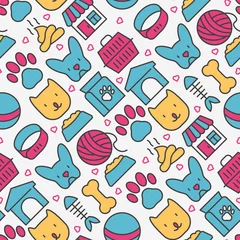 Foto auf Leinwand Pet care seamless pattern with thin line icons of dog, cat, accessories, food, toys. Vector illustration for banner or web page for vet clinic, pet shop or shelter. © AlexBlogoodf