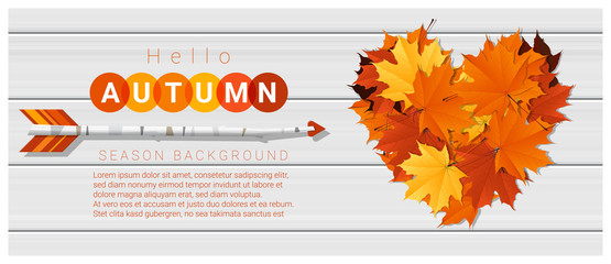 Hello autumn background with heart shape leaves and arrow on wooden board , vector , illustration 