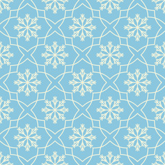 Seamless geometric pattern with snowflakes. Flat white elements on blue background.
