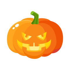 Laughing, grinning pumpkin jack-o-lantern with vampire teeth, Halloween symbol, cartoon vector illustration isolated on white background. Pumpkin lantern with grinning face, Halloween decoration