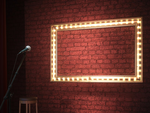 Dark empty stage with microphone. 3d render