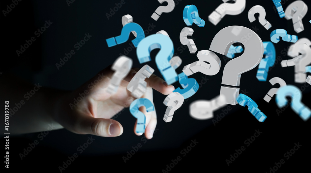 Poster businesswoman using 3d rendering question marks
