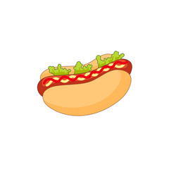 Vector sausage hot dog with salad and vegetables. Fast food flat cartoon isolated illustration on a white background. fresh sandwich with sauce and salad