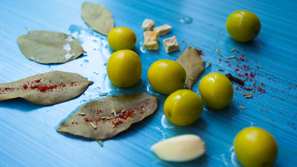 Olives, olive oil, salt, spices, Bay leaf