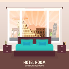 Hotel Room. View from the window. Travelling nad trip. Vector flat illustration.