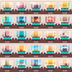 Set of Hotel Room banners. View from the window. Travelling nad trip.