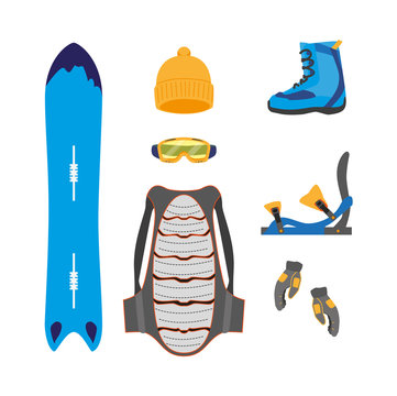 vector snowboarding equipment set - backpack cap boots goggles gloves, back protection armor, bindings deck cover flat icon. Isolated illustration on a white background.