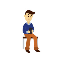 vector adult man in warm pullover reads the book sitting on public transport bench. Flat cartoon illustration isolated on a white background. Bus subway underground transport characters concept design