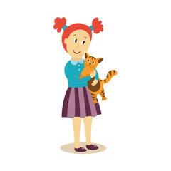 vector young girl hugs cuddles her cat flat isolated illustration on a white background. Child, kid in striped skirt embracing her pet with love. Happy family hugs concept