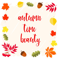 Autumn. Hand drawn lettering and autumn time leaves