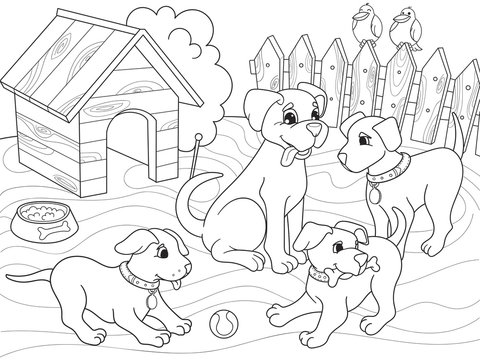 Childrens coloring book cartoon family on nature. Mom dog and puppies children