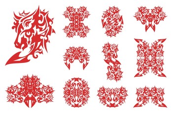 Flaming horse head set patterns. Decorative horse and the symbols formed from her in red-white tones for your design