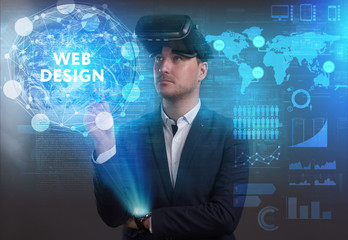 Business, Technology, Internet and network concept. Young businessman working on a virtual screen of the future and sees the inscription: Web design