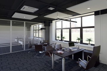 Office interior in loft style. 3d illustrations