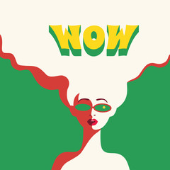 WOW expression concept. Shocked blonde woman face with open mouth in sun glasses. Surprised girl in pop art retro style. Cool wow bubble text on white background . Vector vintage illustration