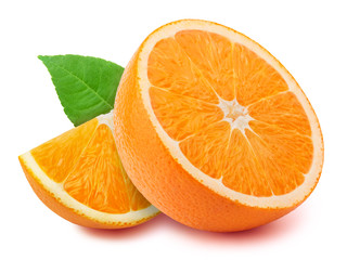 Perfectly retouched half of the orange with slice and leaves isolated on white background with clipping path
