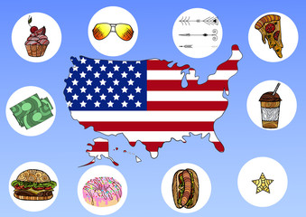 Hand drawn vector illustration of infographic elements of USA