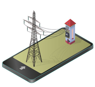 Electric transformer isometric building in mobile phone. High-voltage power station, electricity pylon, communication technology paraphrase. Industrial electricity set. Isolated vector illustration.