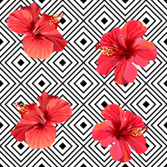 Obraz premium Red hibiscus tropical flowers on geometric background seamless pattern
