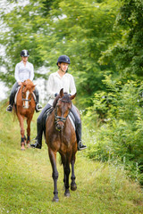 Two rider woman on horses going down from the hill. Equestrian summer activities background