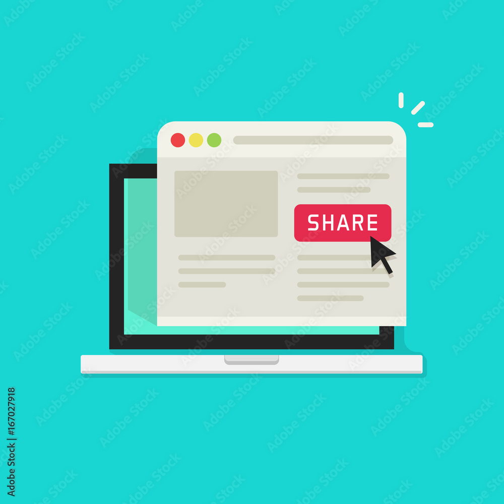 Poster sharing website page via share button on browser window in laptop computer screen vector illustratio