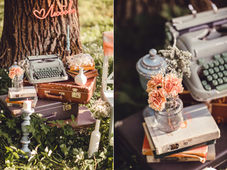 Wedding decor with flowers and candles in the forest