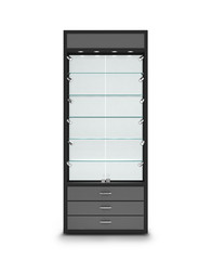 store glasses showcase with lights isolated, 3d illustration