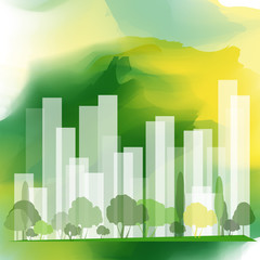 Vector city silhouette on  watercolor background