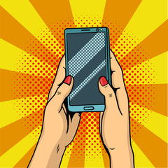 Hands holding smartphone pop art. Female hands hold a mobile phone. Vector illustration. © Eseninstudio