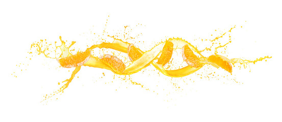 Ripe orange slices with juice wave isolated on white background