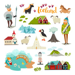 Iceland landmarks vector icons set. Illustrated travel collection. Icelandic travel attraction. Church, houses, puffin, lighthouse and mountains isolated on white background