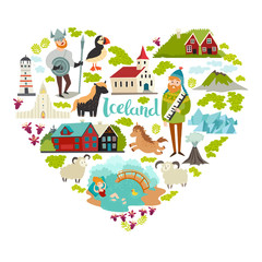 Obraz premium Islandia zabytki wektorowe ikony. Ilustrowany plakat podróżny z konturem serca. Islandzka atrakcja turystyczna. Kościół, domy, latarnia morska i góry