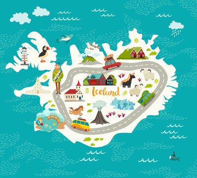 Iceland Map Vector Illustration. Iceland Landmarks, Road, Nature, People And Animals