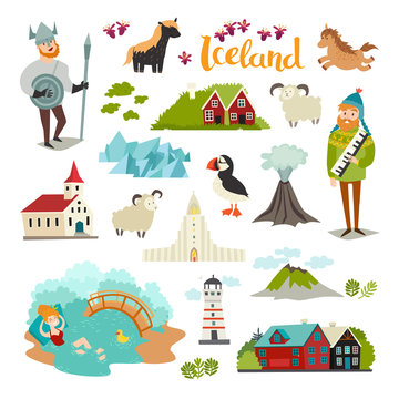 Iceland landmarks vector icons set. Illustrated travel collection. Icelandic travel attraction. Church, houses, puffin, lighthouse and mountains isolated on white background