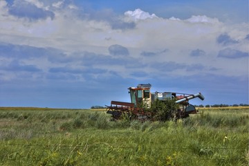 Fototapeta premium Combine working the fields of a farm on a sunny day.