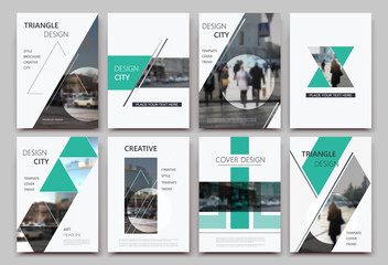 A4 brochure cover design. Templates for flyer, ad text font, info banner frame or title sheet model set. Modern vector front page art with urban city street texture. Patch triangle, round figure icon