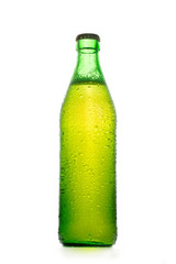 Simple green beer bottle with water drops