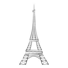 Fototapeta na wymiar Black silhouette Eiffel Tower, Paris, isolated on white background. Eiffel tower sign. Eiffel tower icon. Symbol of Paris and France. Design flat element. Vector illustration AI 10