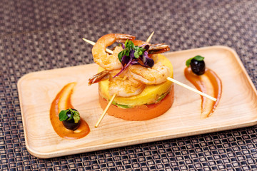 Stir fry shrimp. Fried shrimps with mashed potatoes with sauce.