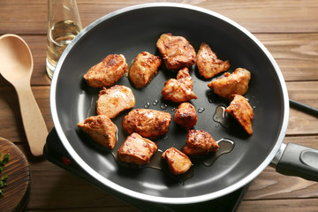 Tasty cooked chicken breast in frying pan, closeup