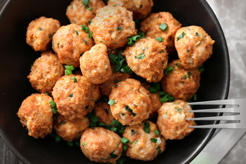Plate with delicious turkey meatballs on table, closeup - obrazy, fototapety, plakaty