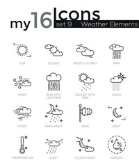 Modern thin line icons set of weather elements.