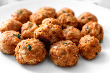 Plate with delicious turkey meatballs, closeup