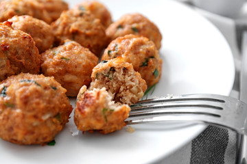 Plate with delicious turkey meatballs, closeup