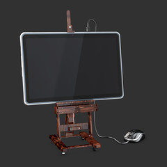 Tablet and mouse on the easel, graphic app concept, 3d illustration
