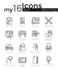 Modern thin line icons set of basic business essential tools, office equipment.